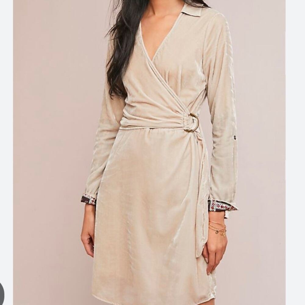 NWT Anthropologie Maeve Beige Partial Wrap Velvet Shirt Dress Size 14 AA0510